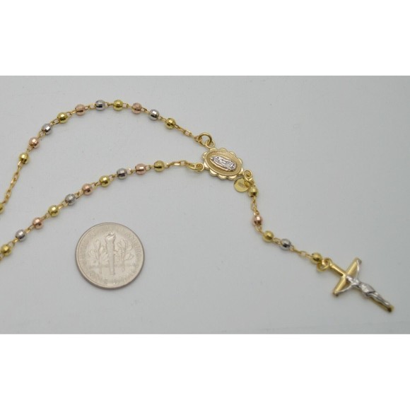 10k Solid Yellow Gold Colored Beads Rosary Virgin Mary Jesus Cross Necklace 17" - Picture 2 of 5